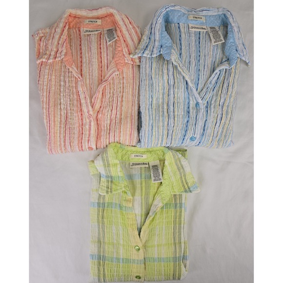 St. John's Bay Tops - Lot of 3 St Johns Bay Stretch Shirts Sz M 3/4 Sleeves Crinkle Button Striped Vtg